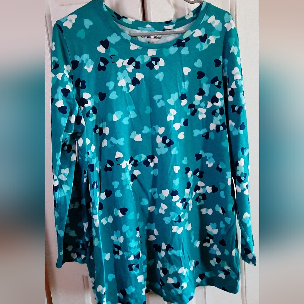 Woman Within Turquoise Long Sleeve Tee With Heart Print * Size 18/20
